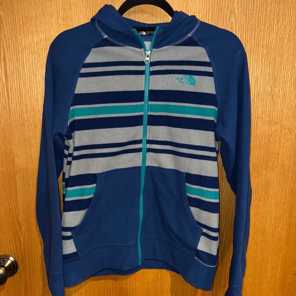 The North Face Fleece Hoodie Boys L 14/16 Blue Striped Full Zip Excellent Jacket